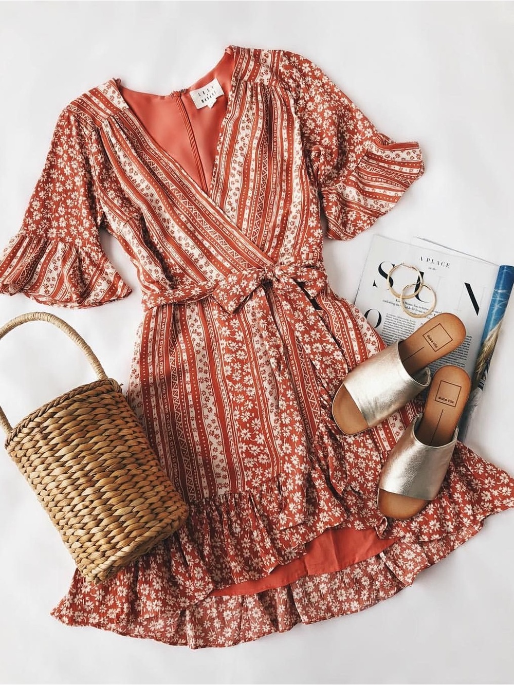 Cupshe Rust Floral Wrap Midi Dress